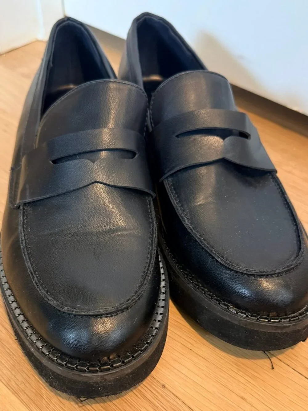 BCBGeneration Black Leather Platform Penny Loafers